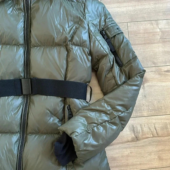 S13 Chalet Belted Faux Fur Trim Down-Fill Hooded Puffer Jacket Dark Green Sz M - Picture 6 of 14